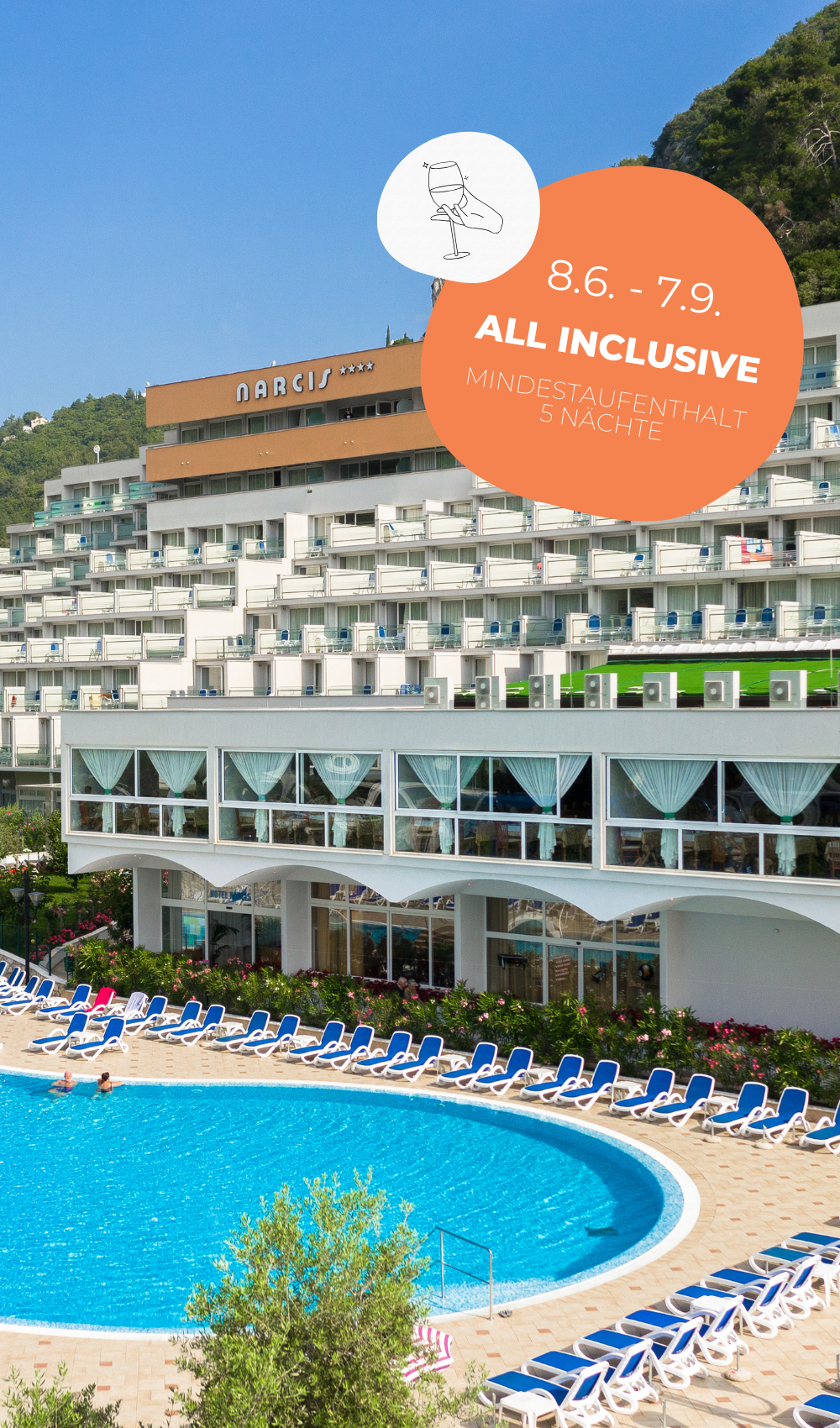Das Hotel Narcis befindet sich in Rabac, nur 5 Gehminuten vom Strand entfernt, und bietet ein All-Inclusive-Angebot für einen Familien-, Aktiv- oder Sporturlaub.